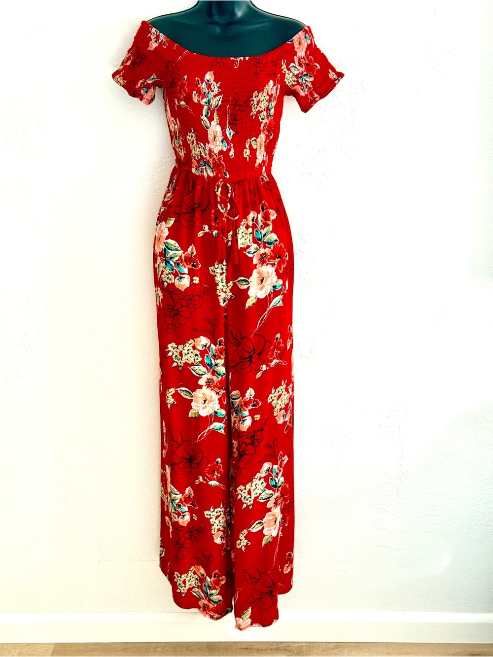 Band of Gypsies Red Floral Off-Shoulder Wide Leg Jumpsuit Pockets M Flowy Boho